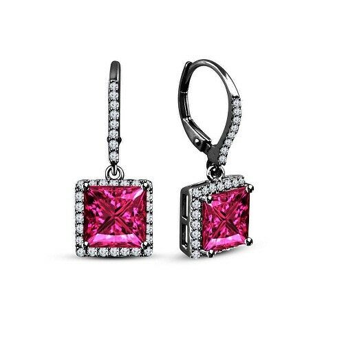 Princess Cut Sapphire 14k Black Gold Over Drop Dangle Leverback Wedding Earrings - atjewels.in