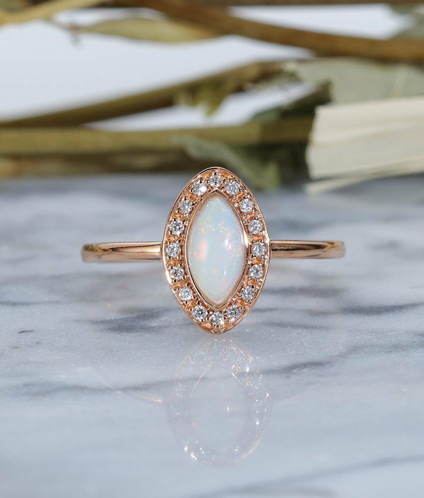 2CT Marquise Cut Fire Opal 14k Rose Gold Over Engagement Diamond Bridal Ring Set - atjewels.in