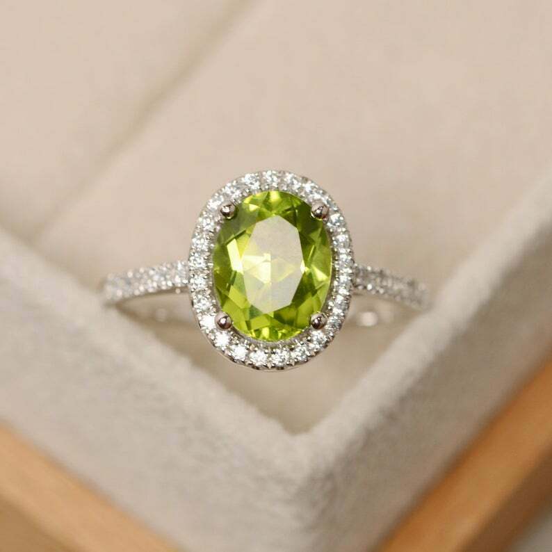 1/2 Ct Oval Cut Peridot 14k White Gold Over Halo Engagement Wedding Diamond Ring - atjewels.in