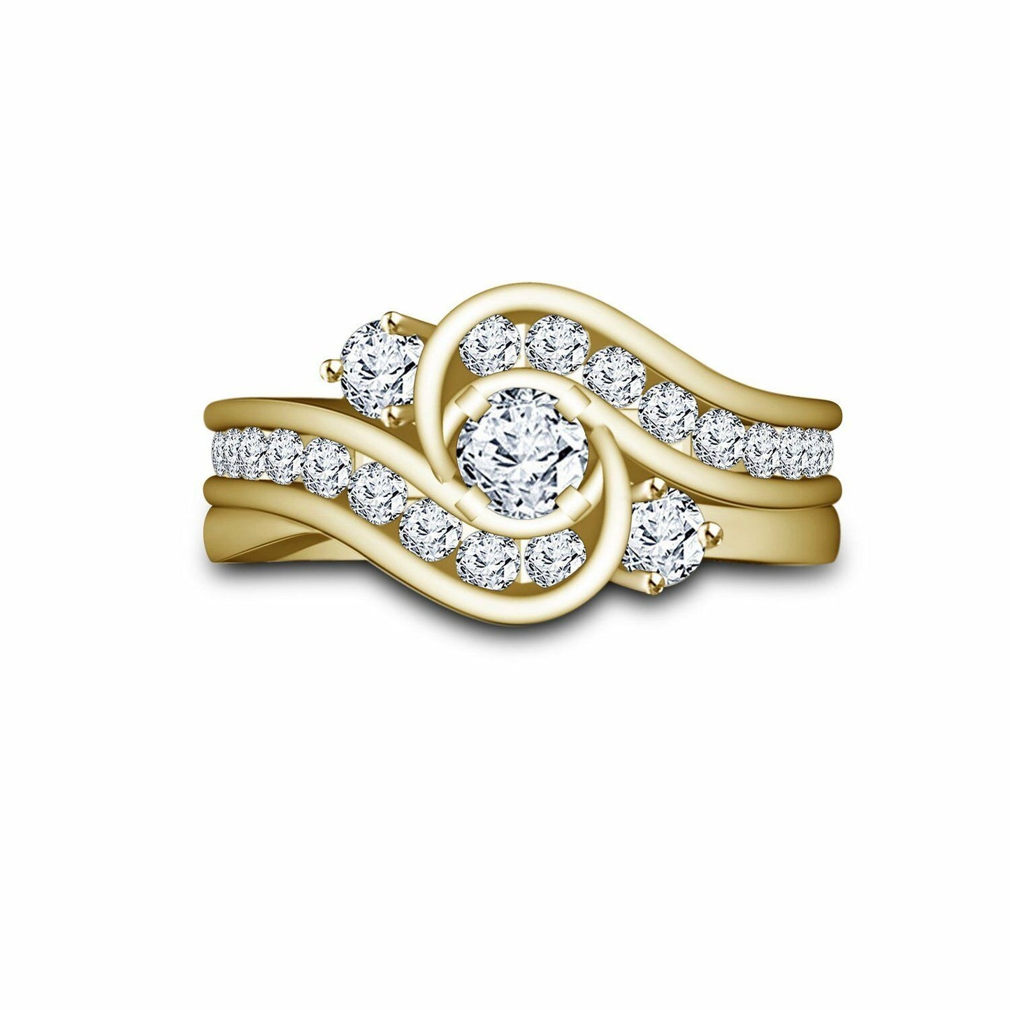 Round Cut Diamond 14k Yellow Gold Finish On 925 Sterling Silver Bridal Set Engagement Wedding Band Ring