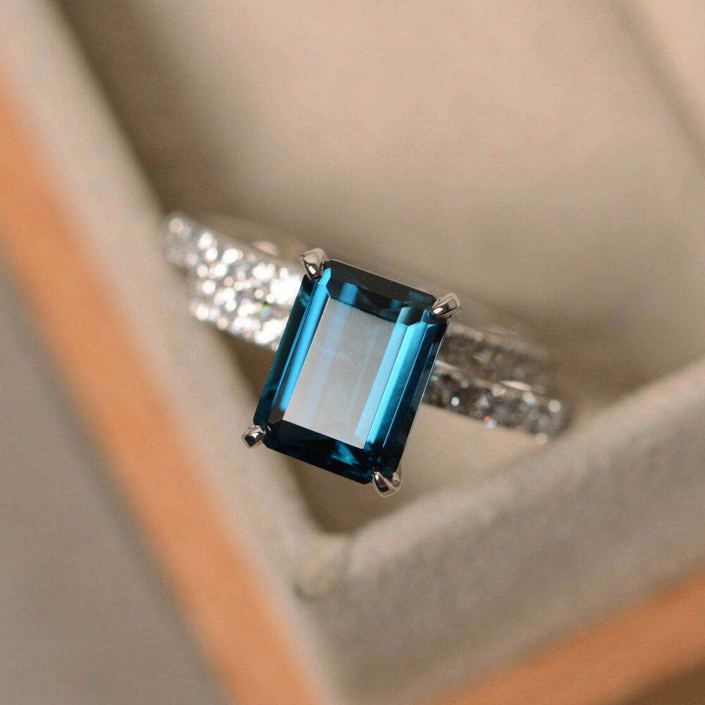 14k White Gold Over 2CT Emerald Cut London Blue Topaz Solitaire Diamond Set Ring - atjewels.in