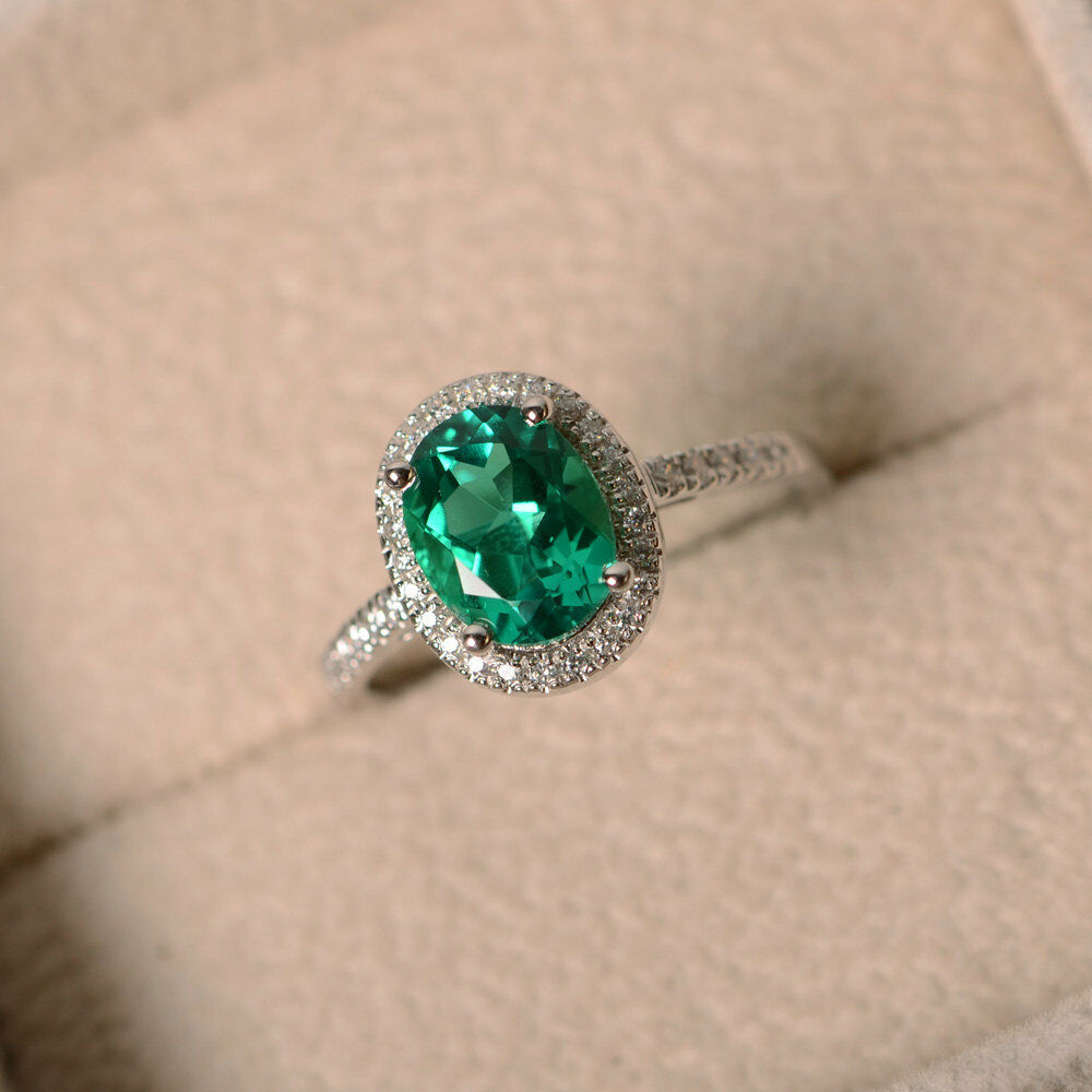 1.5 CT Oval Cut Emerald 14k White Gold Over Halo Diamond Engagement Wedding Ring - atjewels.in