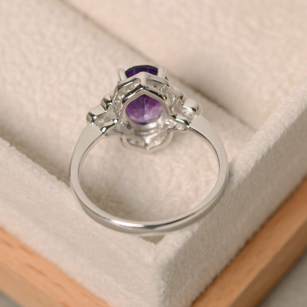 925 Sterling Silver CT Oval Cut Amethyst Diamond Halo Flower