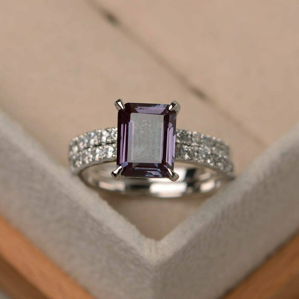 2 CT Emerald Cut Alexandrite 14k White Gold Over Diamond Wedding Bridal Ring Set - atjewels.in
