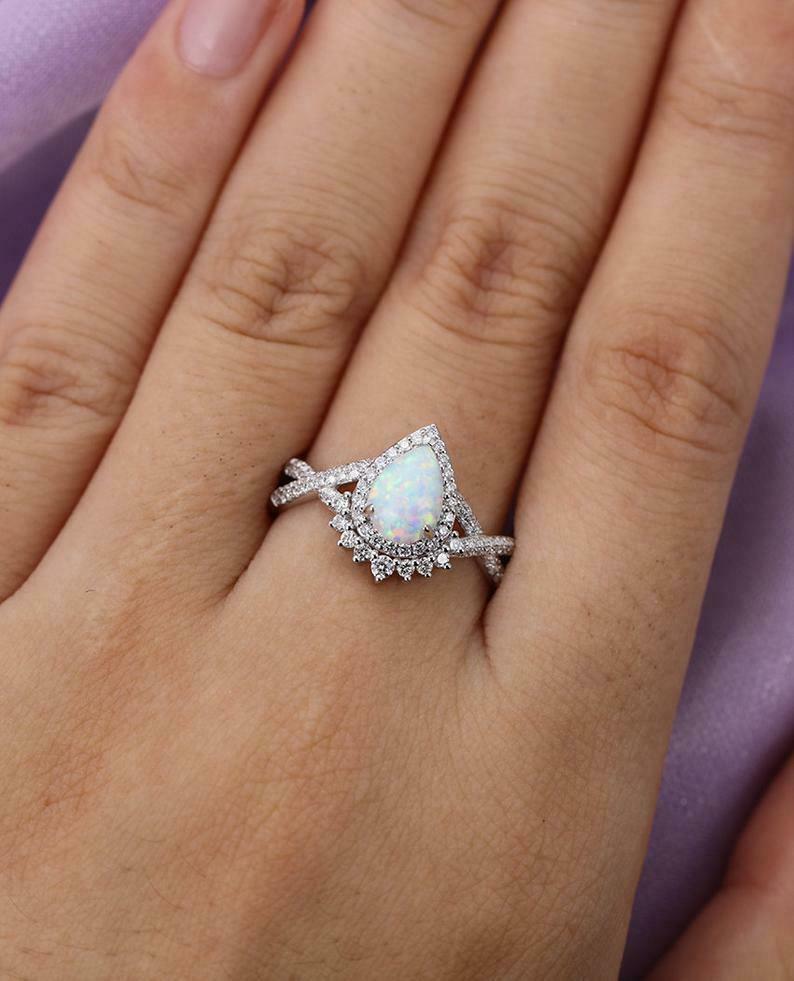 2 CT Pear Cut White Fire Opal 14k White Gold Over Diamond Vintage Halo Ring Set - atjewels.in