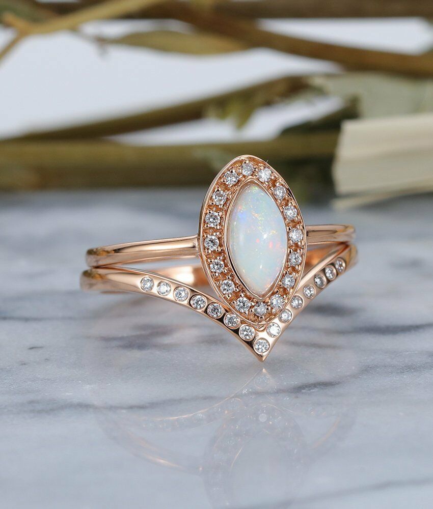 2CT Marquise Cut Fire Opal 14k Rose Gold Over Engagement Diamond Bridal Ring Set - atjewels.in