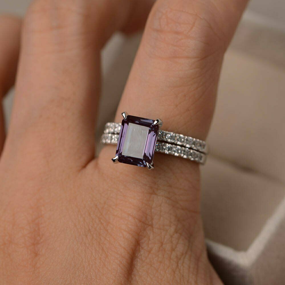 2 CT Emerald Cut Alexandrite 14k White Gold Over Diamond Wedding Bridal Ring Set - atjewels.in