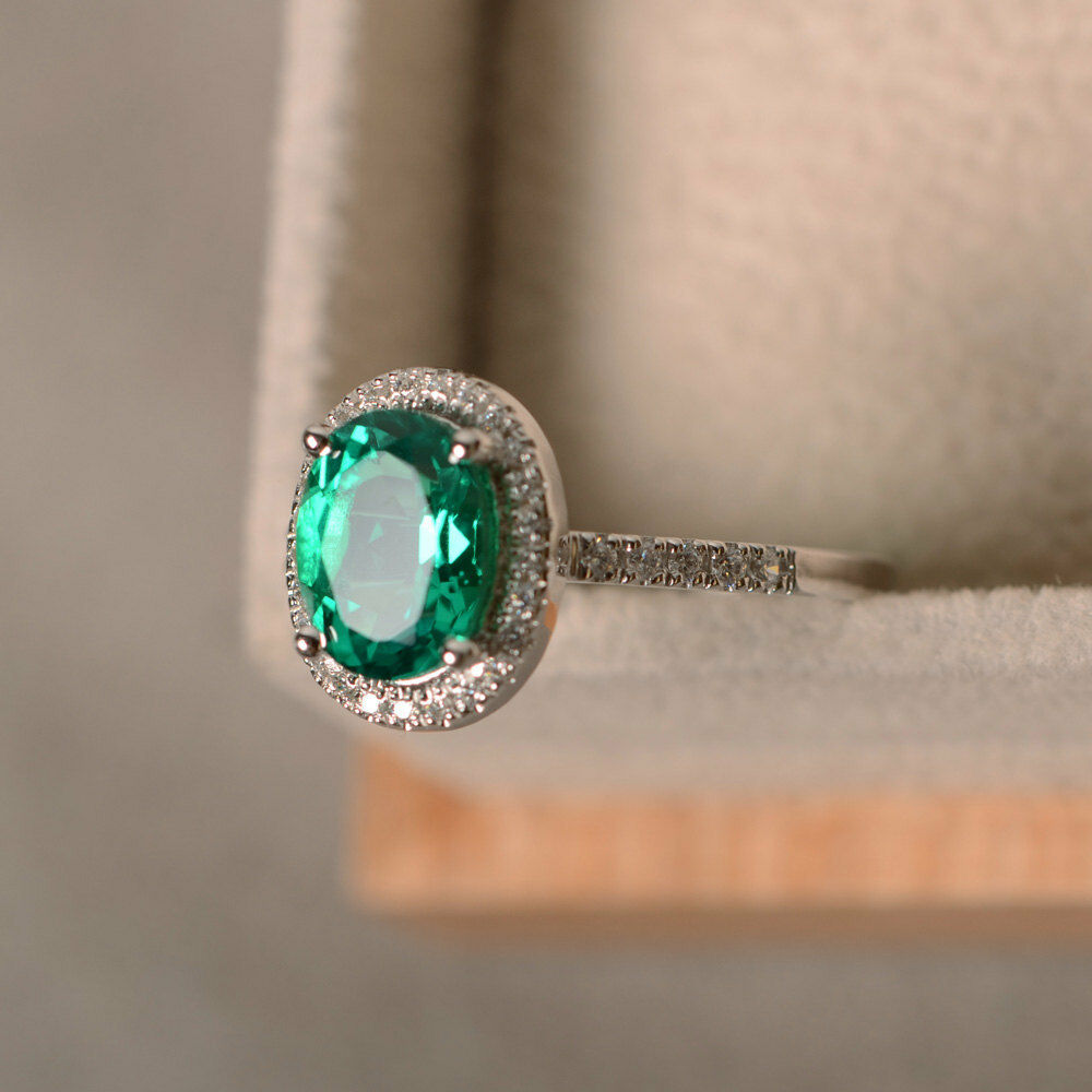 1.5 CT Oval Cut Emerald 14k White Gold Over Halo Diamond Engagement Wedding Ring - atjewels.in