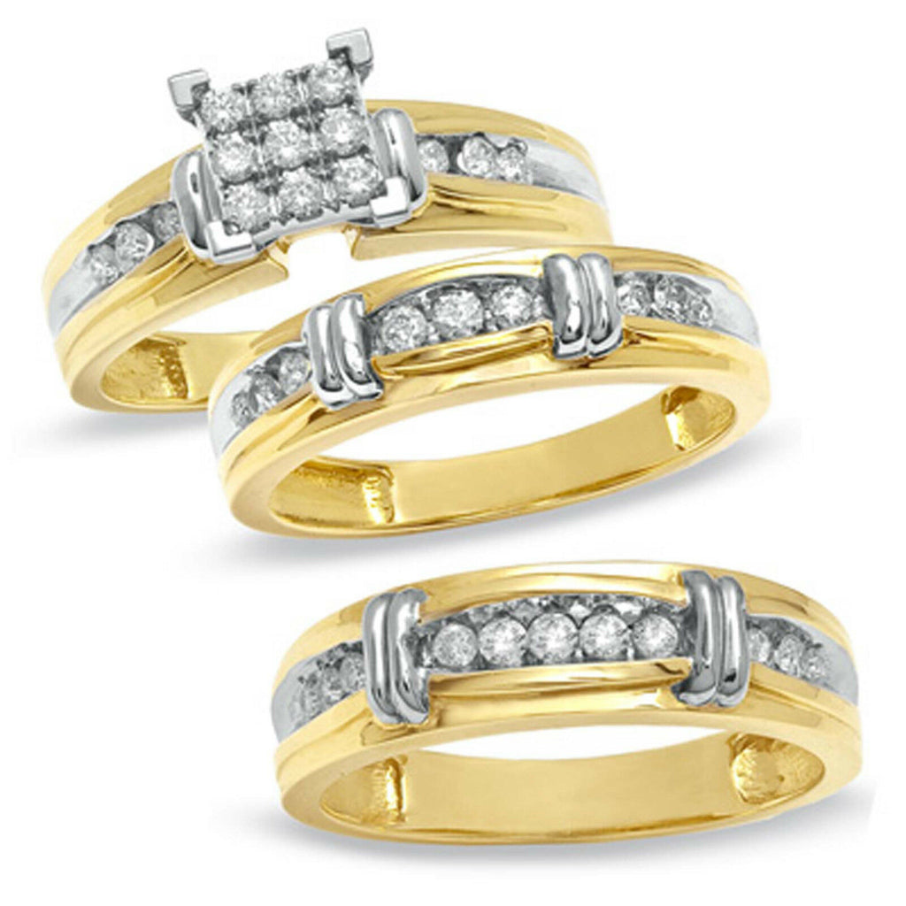 14K Two Tone Gold Over 2 CT Round Cut Diamond His & Her Engagement Trio Ring Set - atjewels.in