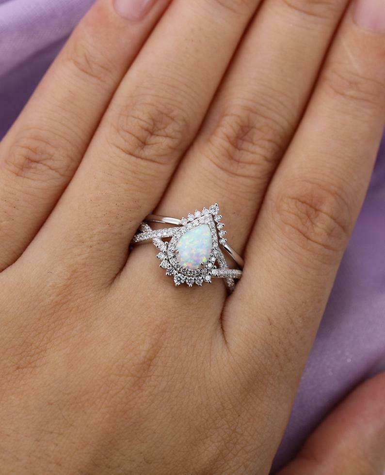 2 CT Pear Cut White Fire Opal 14k White Gold Over Diamond Vintage Halo Ring Set - atjewels.in