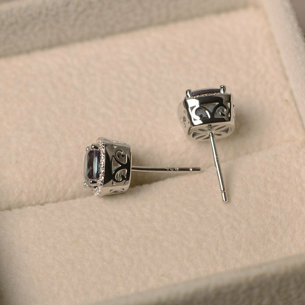 2CT Cushion Cut Alexandrite 14k Solid White Gold Over Halo Diamond Stud Earrings - atjewels.in
