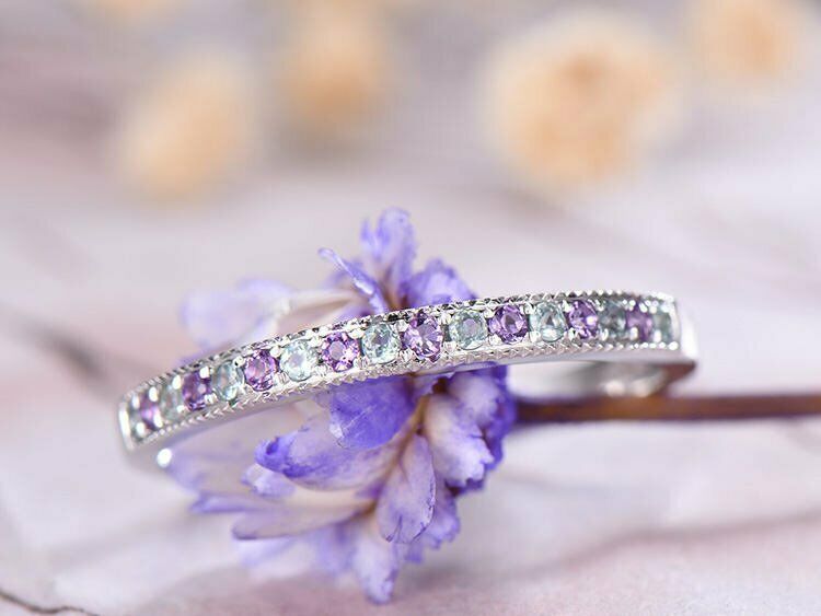 1 CT Round Cut Aquamarine 14k White Gold Over Amethyst Eternity Bridal Band Ring - atjewels.in