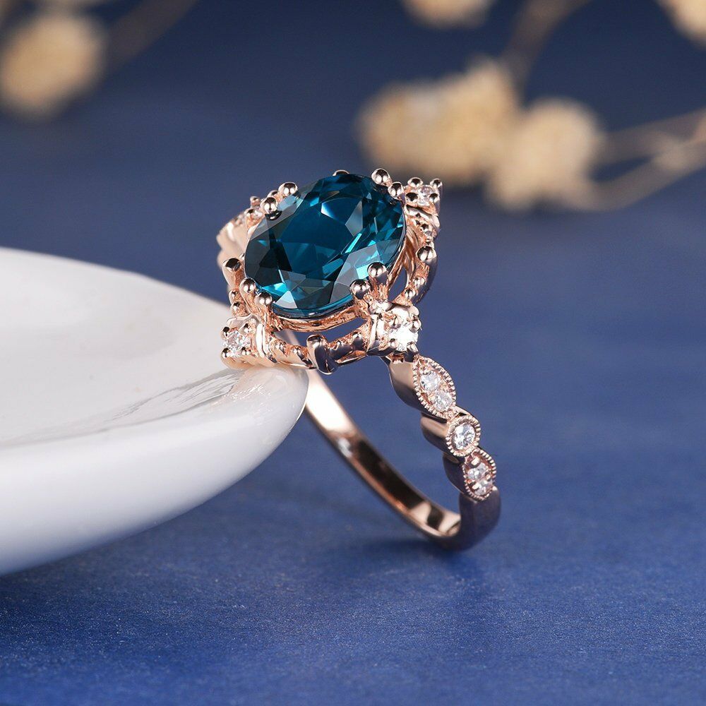 1CT Oval Cut London Blue Topaz 14k Rose Gold Over Solitaire Wedding Diamond Ring - atjewels.in