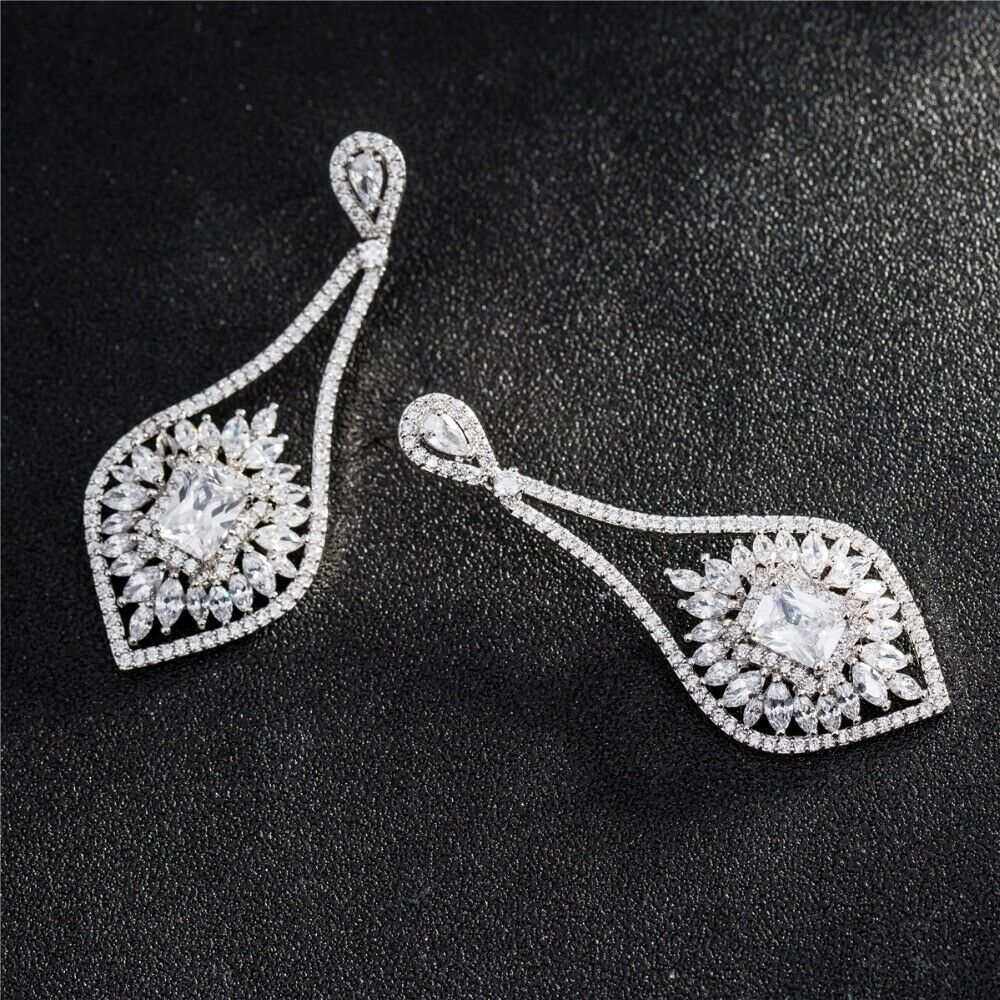 14k White Gold Over 3CT Emerald & Round Cut Diamond Drop Dangle Wedding Earrings - atjewels.in