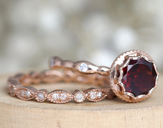 1 CT Round Cut Dark Red Garnet Rose Gold Over On 925 Sterling Silver Engagement Ring Set