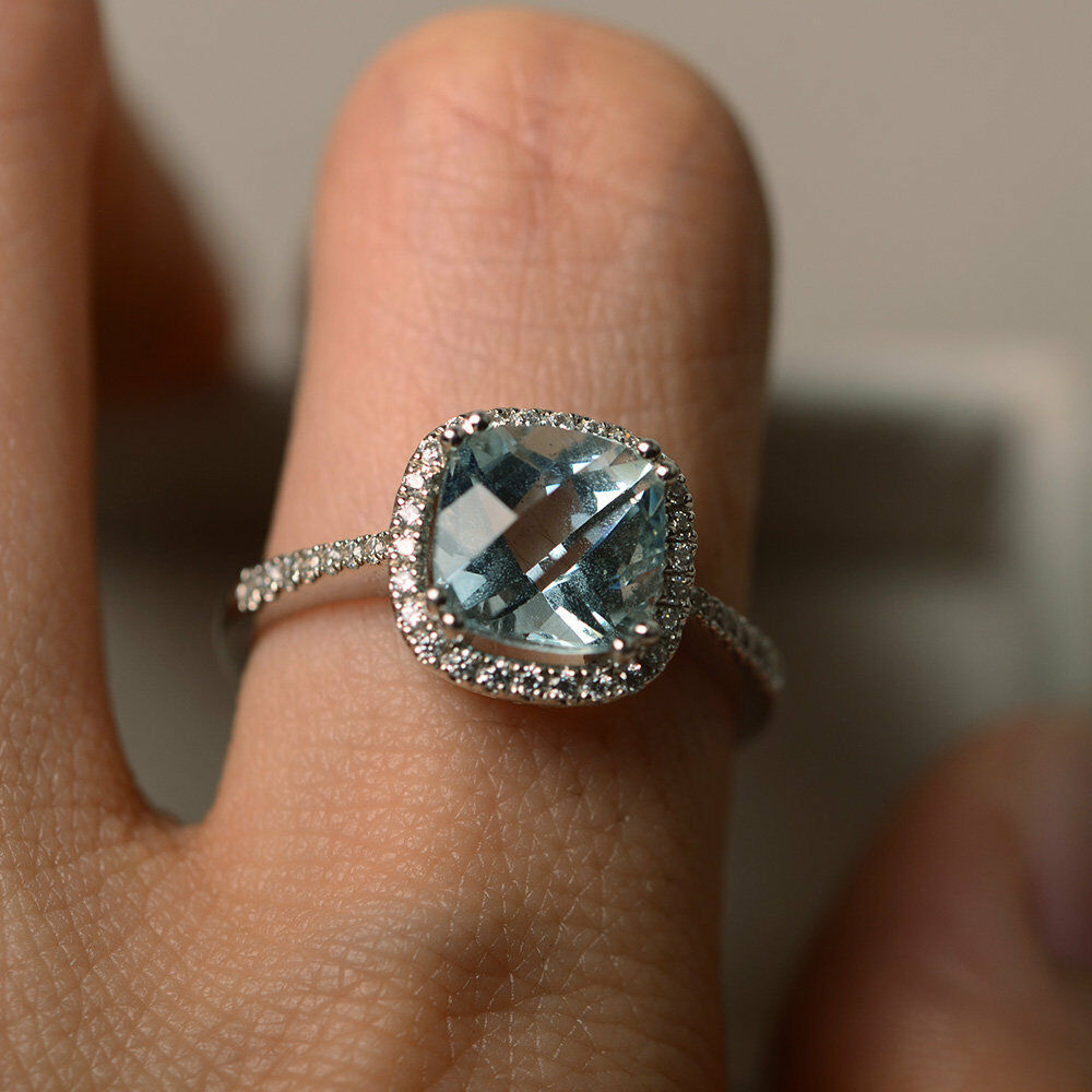 14k Solid White Gold Over Cushion Cut Aquamairne & Diamond Halo Engagement Ring - atjewels.in