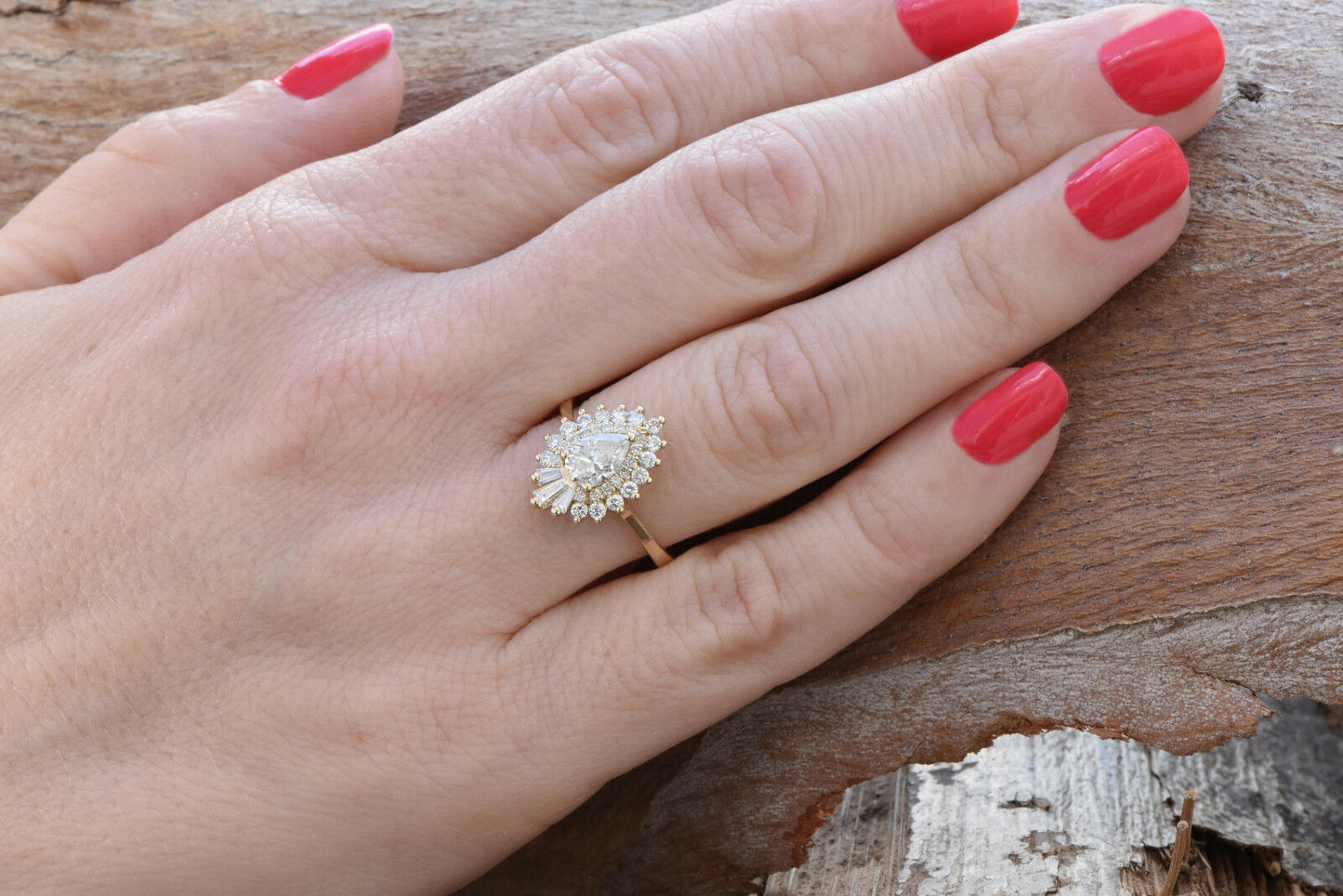 1CT Pear Round Cut Diamond 14K Yellow Gold Over Cluster Baguette Engagement Ring - atjewels.in