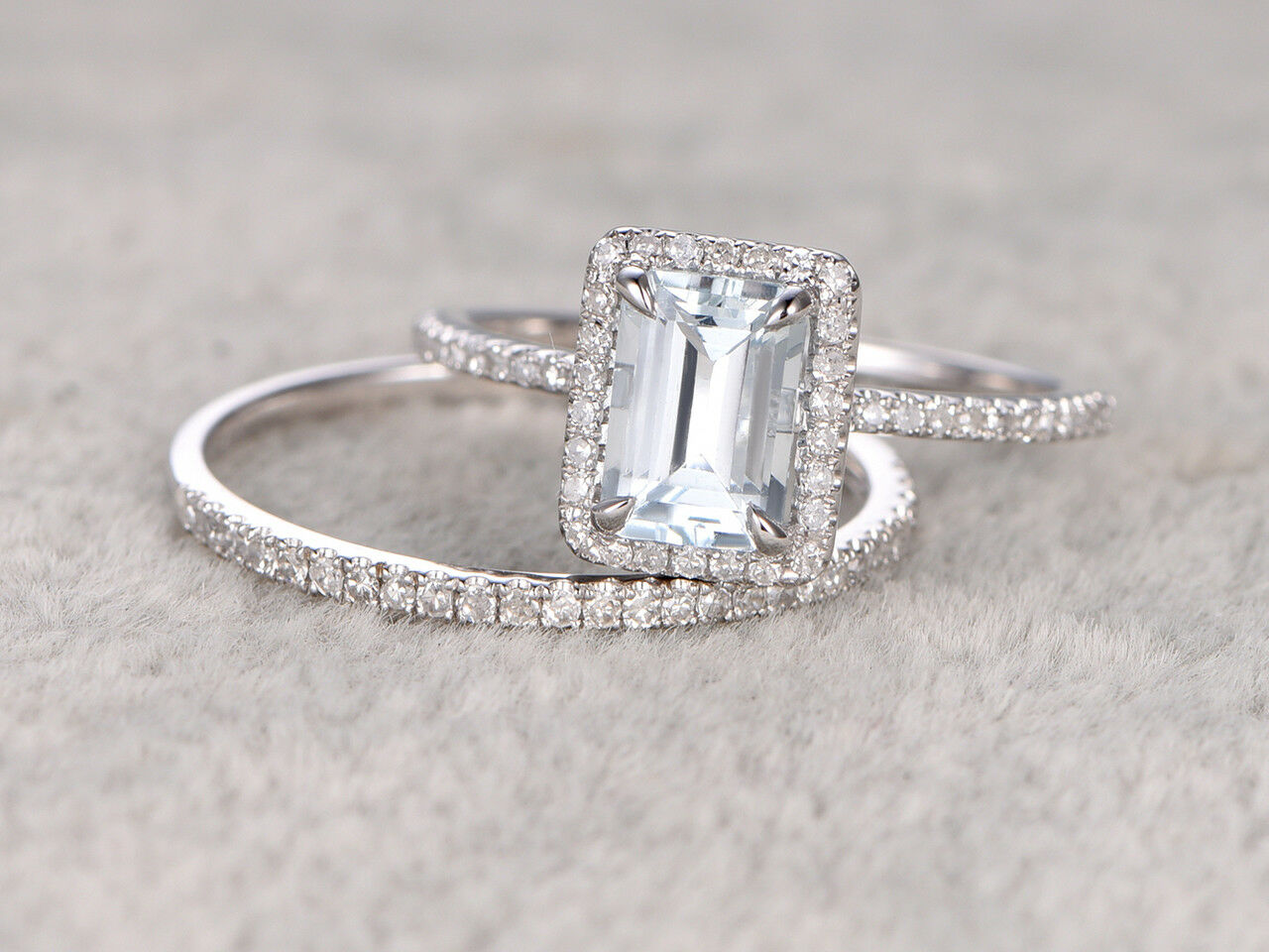 14k White Gold FN 2 CT Emerald Cut Aquamarine Diamond Engagement Bridal Ring Set - atjewels.in