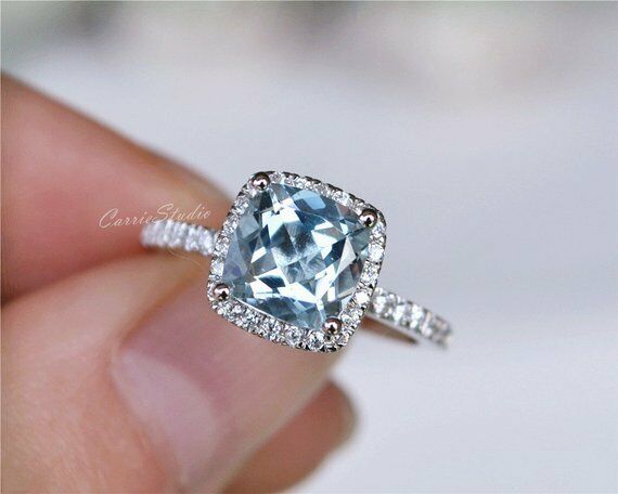 14k White Gold Over Cushion Cut Aquamarine & Diamond Halo EngagementWedding Ring - atjewels.in