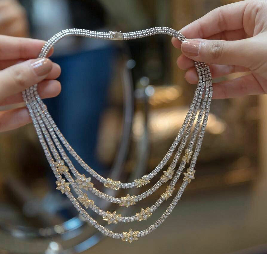 60 CT Round Cut Diamond 14k Two Tone Gold FN Multi Layer Tennis Wedding Necklace - atjewels.in