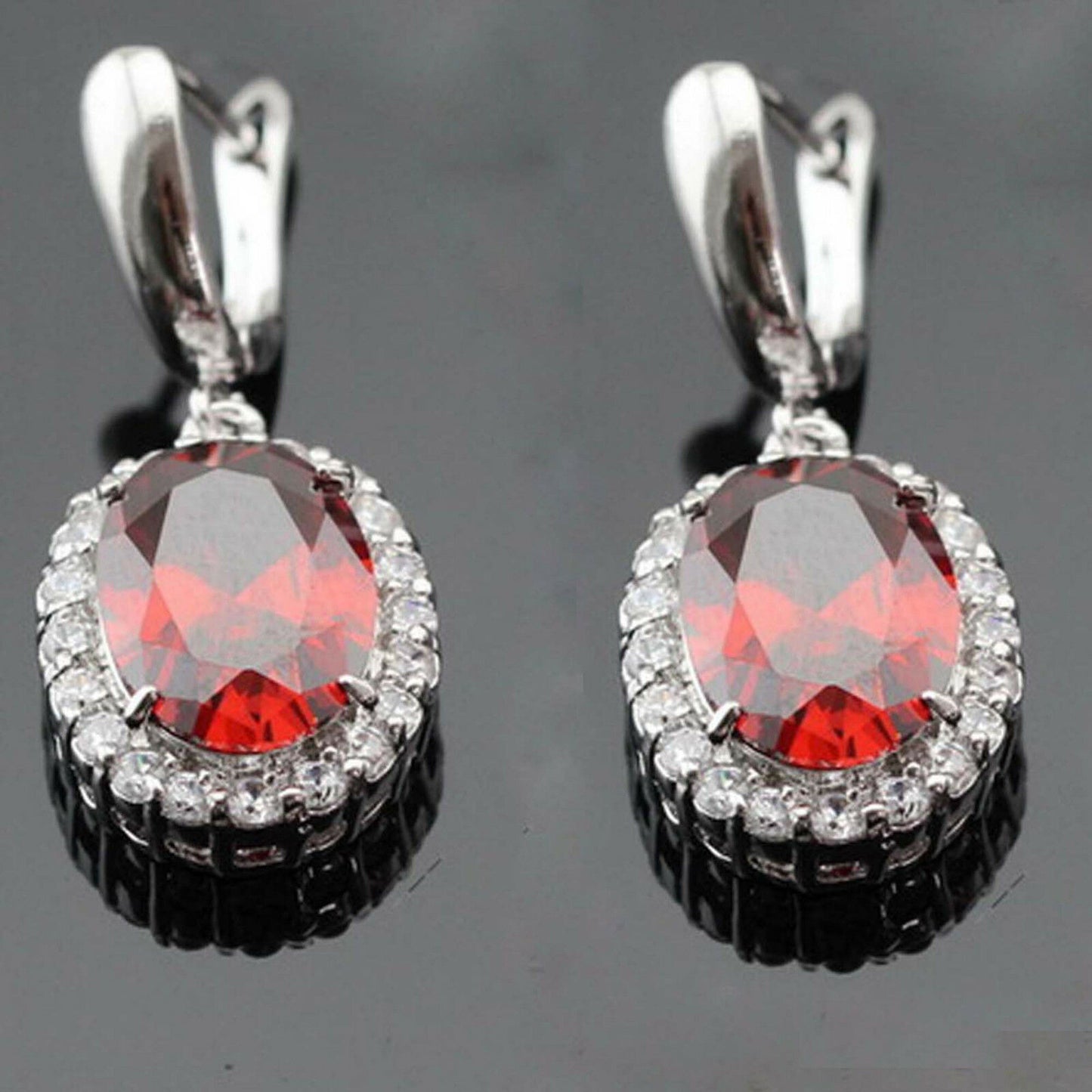 Oval Cut Red Ruby 14k White Gold Over Diamond Pendant Ring Earrings Jewelry Set - atjewels.in