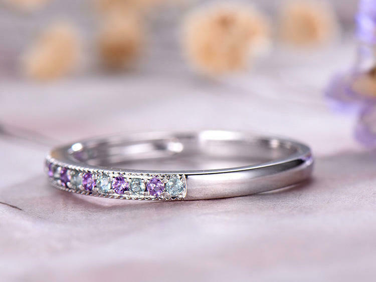 1 CT Round Cut Aquamarine 14k White Gold Over Amethyst Eternity Bridal Band Ring - atjewels.in
