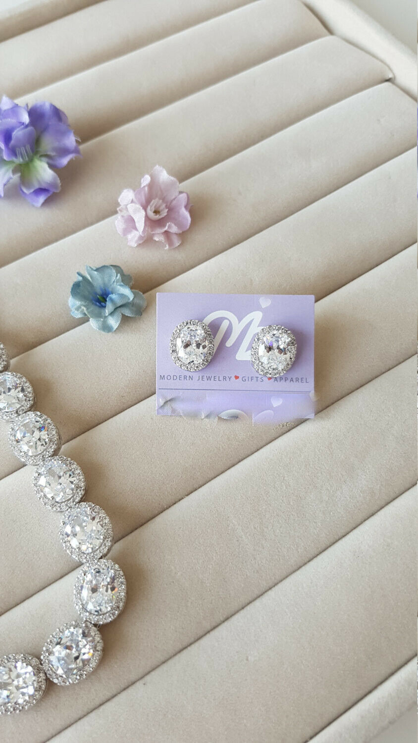 14k White Gold Over Oval Cut Diamond Halo Tennis 16" Necklace Wedding JewelrySet - atjewels.in