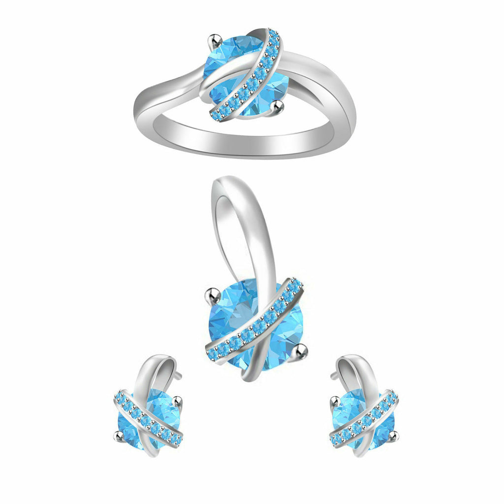 14k White Gold Over 925 Sterling Round Aquamarine Criss Cross Womens Jewelry Set - atjewels.in