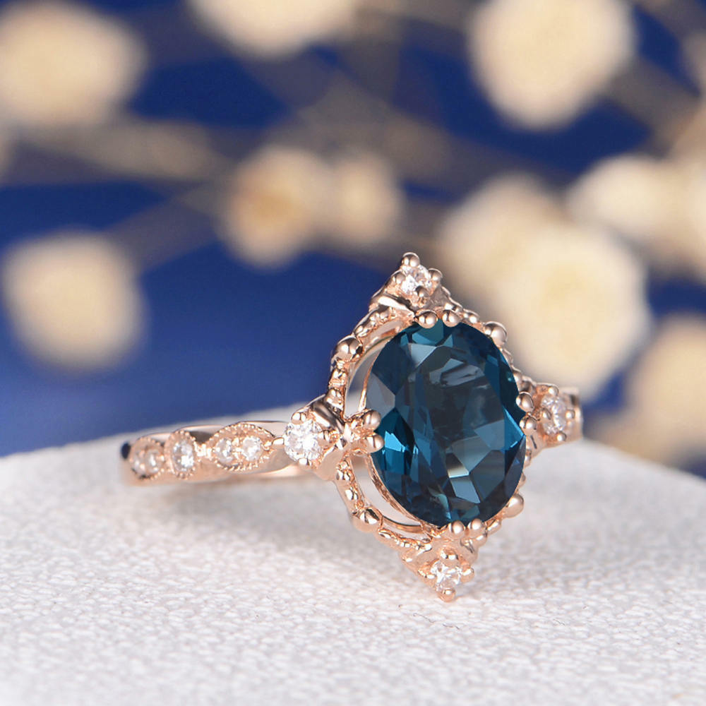 1CT Oval Cut London Blue Topaz 14k Rose Gold Over Solitaire Wedding Diamond Ring - atjewels.in