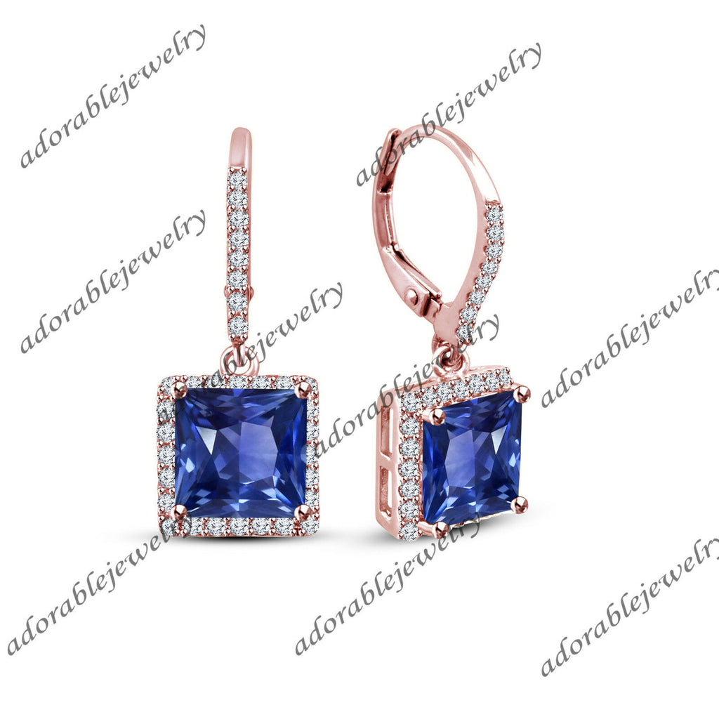 Princess Cut Sapphire 14k Rose Gold Over Drop Dangle Leverback Wedding Earrings - atjewels.in