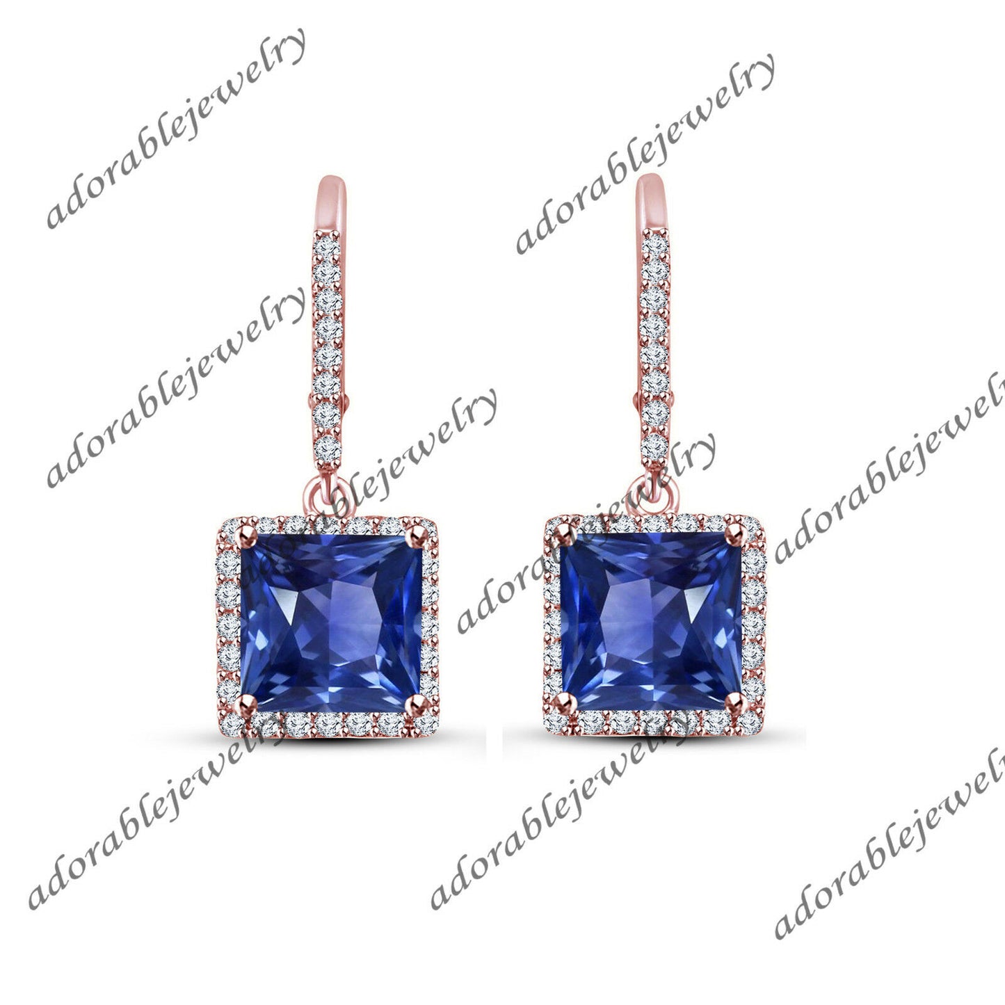 Princess Cut Sapphire 14k Rose Gold Over Drop Dangle Leverback Wedding Earrings - atjewels.in