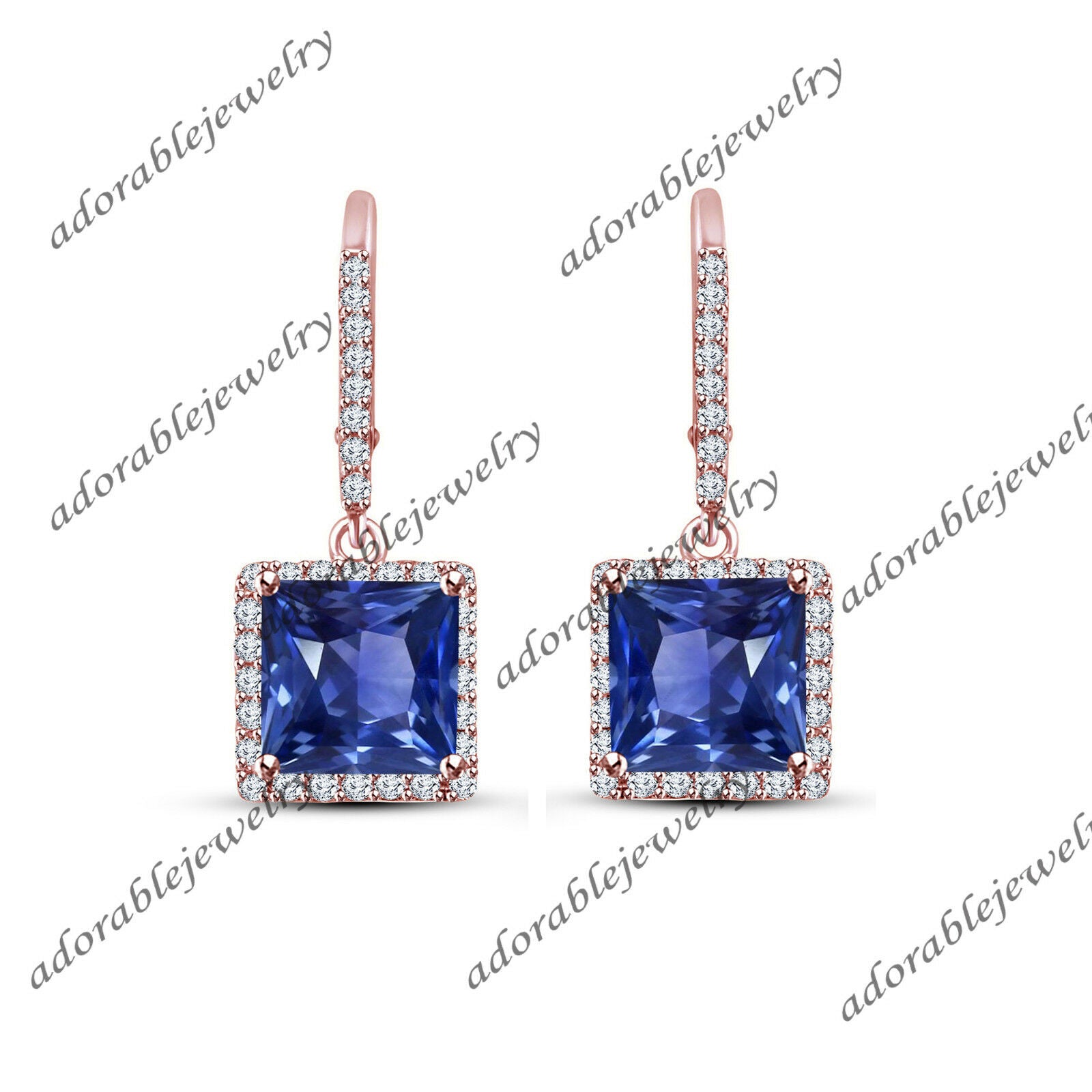 Princess Cut Sapphire 14k Rose Gold Over Drop Dangle Leverback Wedding Earrings - atjewels.in