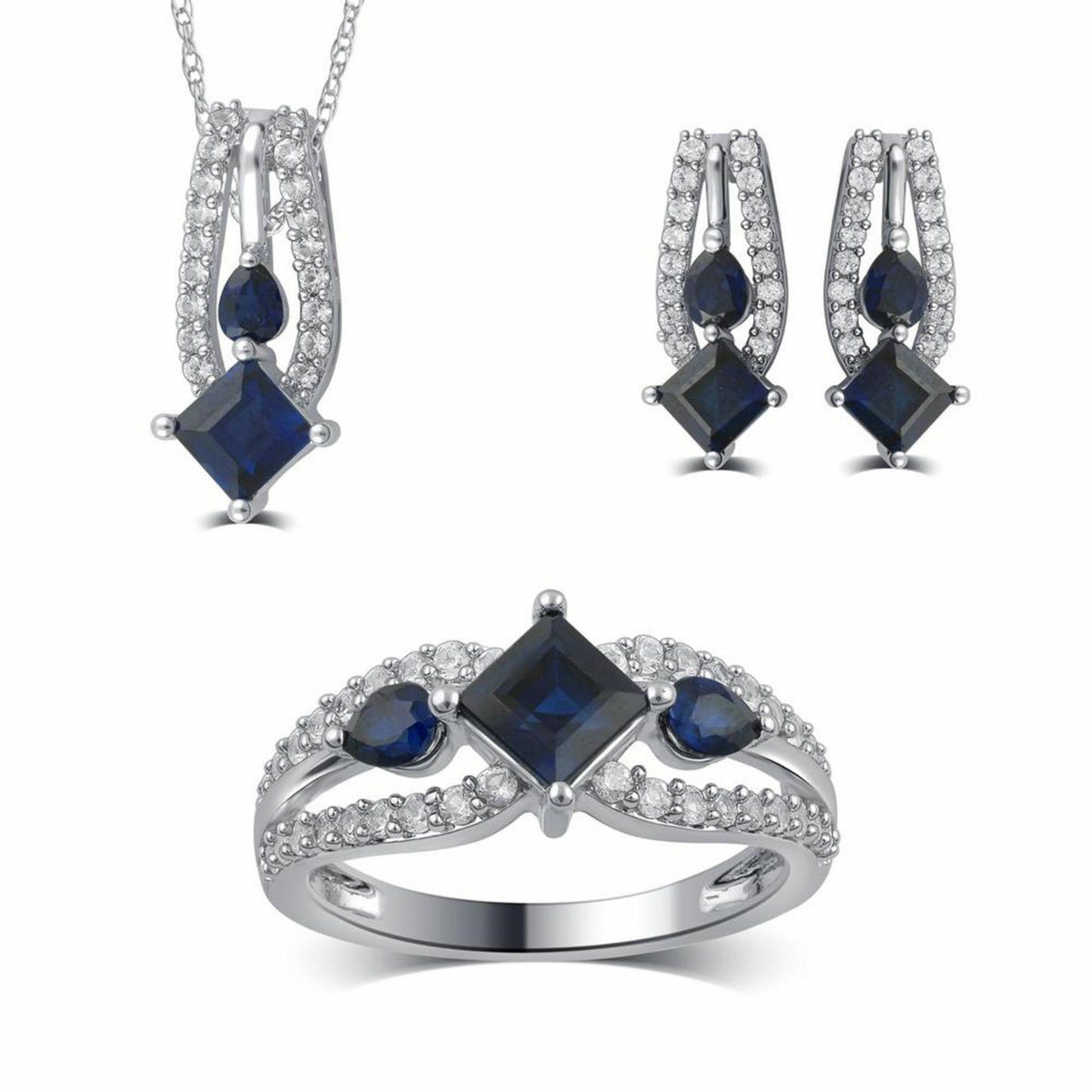 925 Sterling Silver Blue Sapphire & White CZ Pendant Earring Ring Jewelry Set - atjewels.in