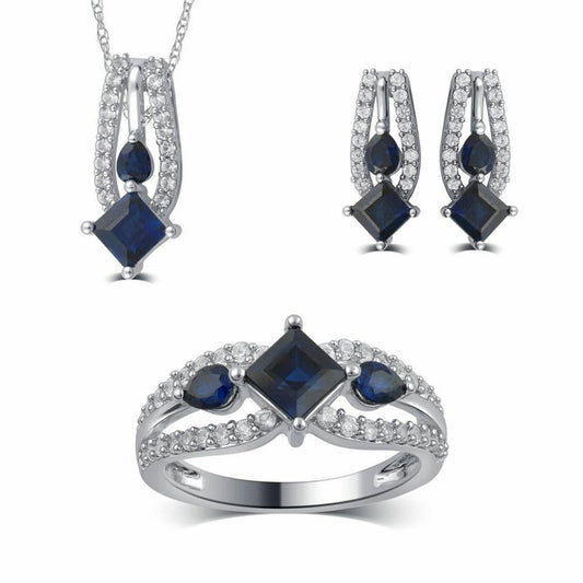 925 Sterling Silver Blue Sapphire & White CZ Pendant Earring Ring Jewelry Set - atjewels.in