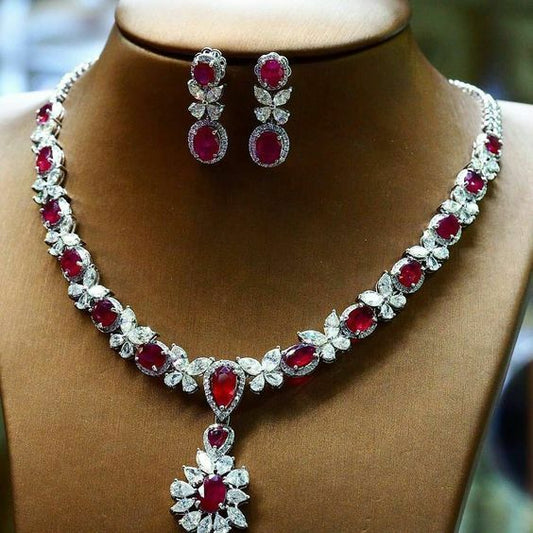 Oval & Pear Cut Cabochon Ruby Drop 14k White Gold FN Diamond Necklace & Earrings - atjewels.in