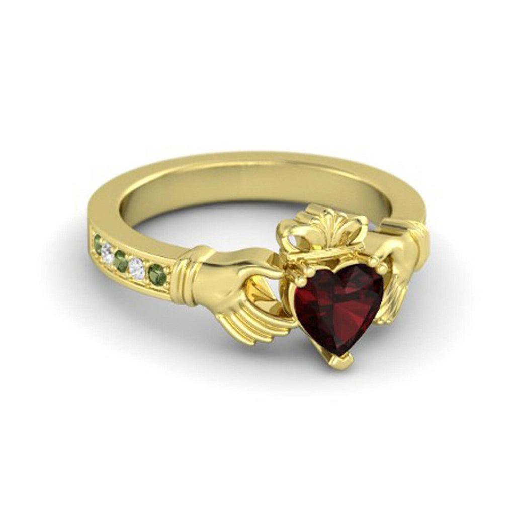 14k Yellow Gold Over 1 Ct Heart Cut Red Garnet Claddagh Engagement Women's Ring - atjewels.in