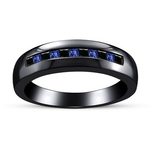 1/2Ct Princess Cut Blue Sapphire 14k Black Gold FN Diamond Engagement Band Ring - atjewels.in