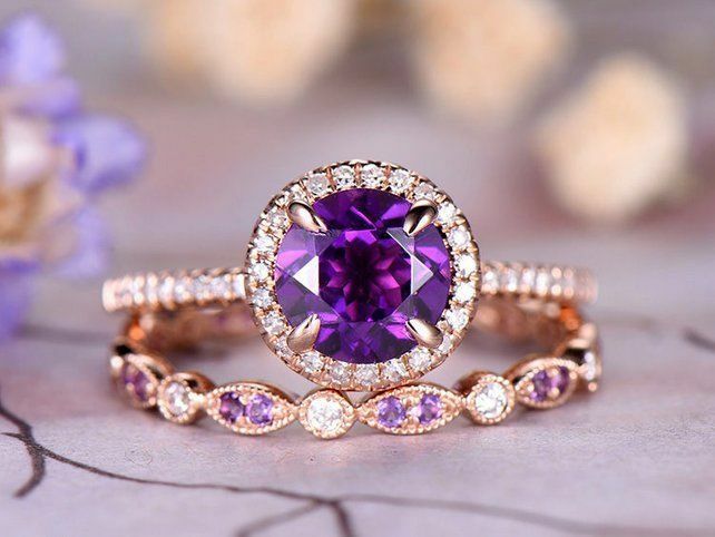 2CT Round Cut Amethyst 14k Gold Over Eternity Engagement Diamond Bridal Set Ring - atjewels.in