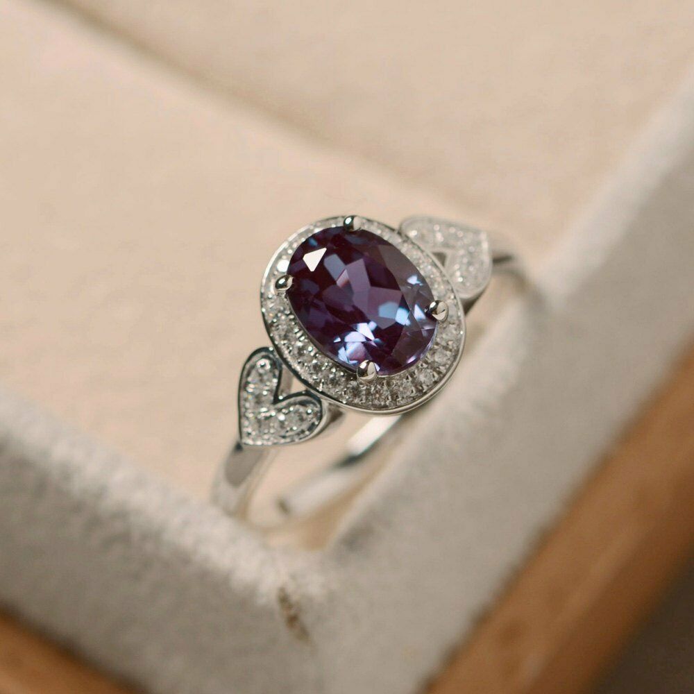 14k White Gold Over 2 CT Oval Cut Alexandrite & Diamond Halo Promise Heart Ring - atjewels.in