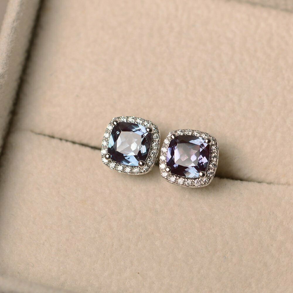 2CT Cushion Cut Alexandrite 14k Solid White Gold Over Halo Diamond Stud Earrings - atjewels.in