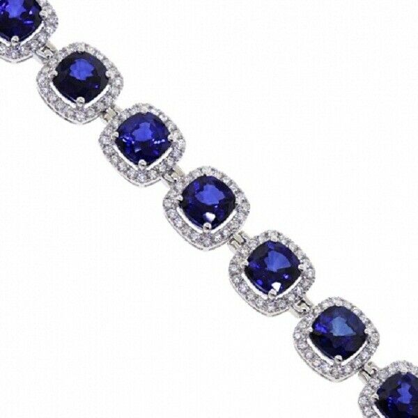 30 CT Cushion Cut Sapphire 14k White Gold Over Diamond Halo Tennis 7" Bracelet - atjewels.in