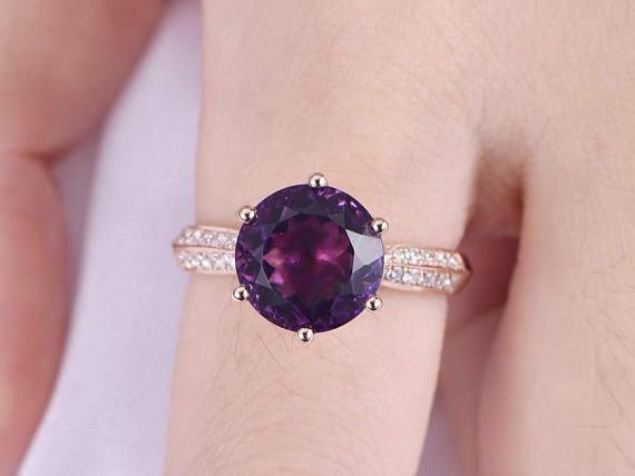 2 CT Round Cut Amethyst & Diamond Solitaire W/Accents Engagement Wedding Ring - atjewels.in