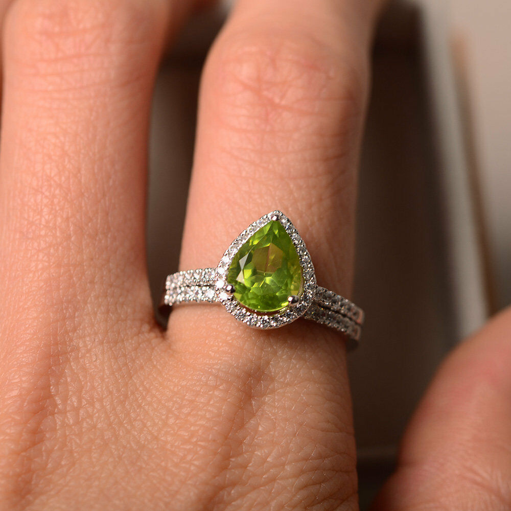 2 CT Pear Cut Peridot 14k White Gold Over Diamond Halo Bridal Wedding Ring Set - atjewels.in