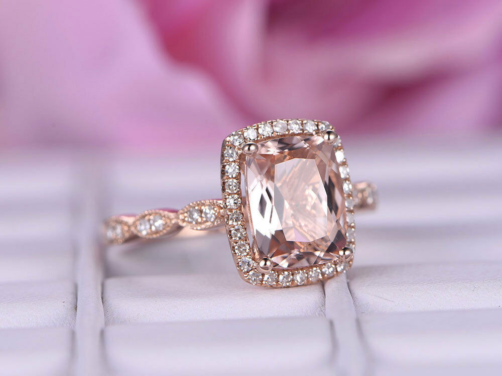 2 CT Cushion Cut Morganite Engagement Diamond 14k Rose Gold FN Halo Wedding Ring - atjewels.in