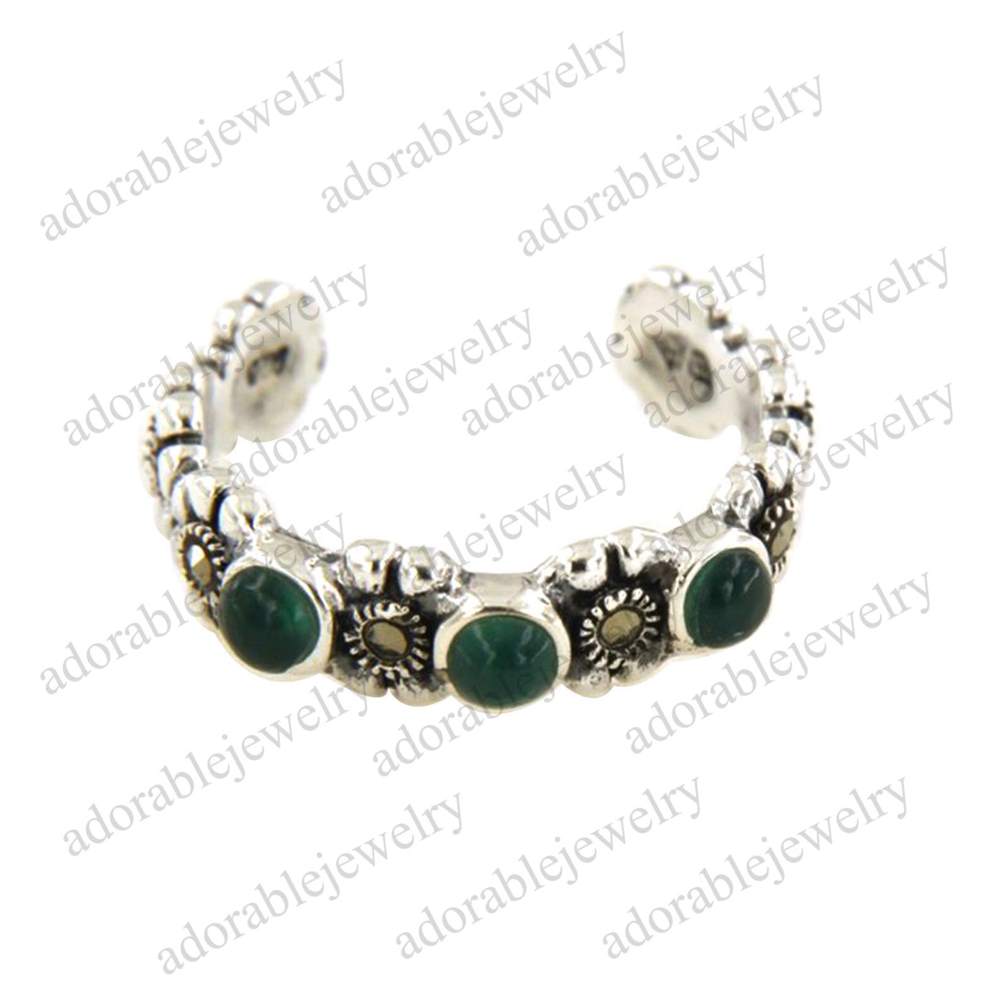 14k White Gold Over Green Onyx & Marcasite Flower Women's  Adjustable Toe Ring - atjewels.in