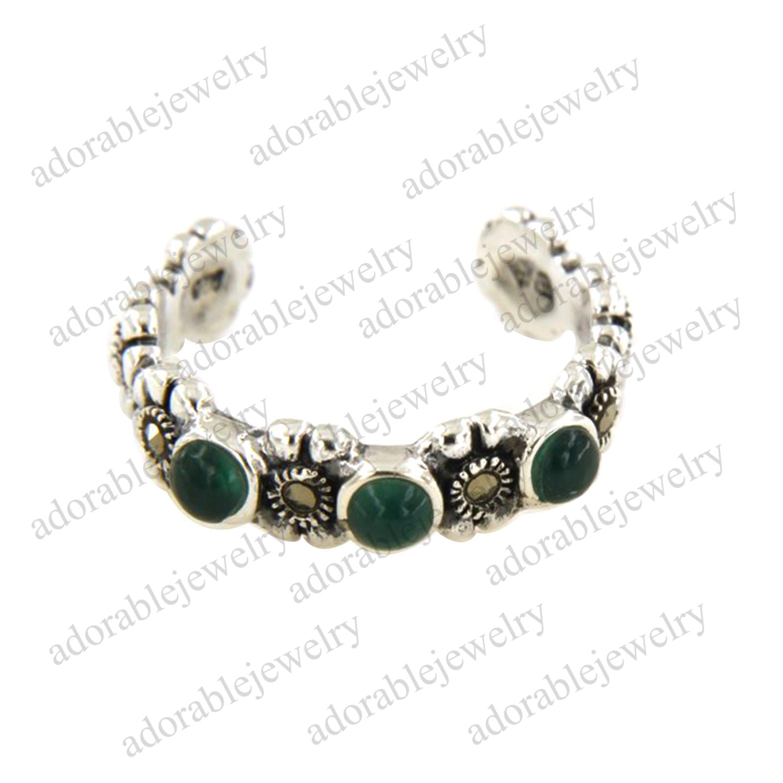 14k White Gold Over Green Onyx & Marcasite Flower Women's  Adjustable Toe Ring - atjewels.in