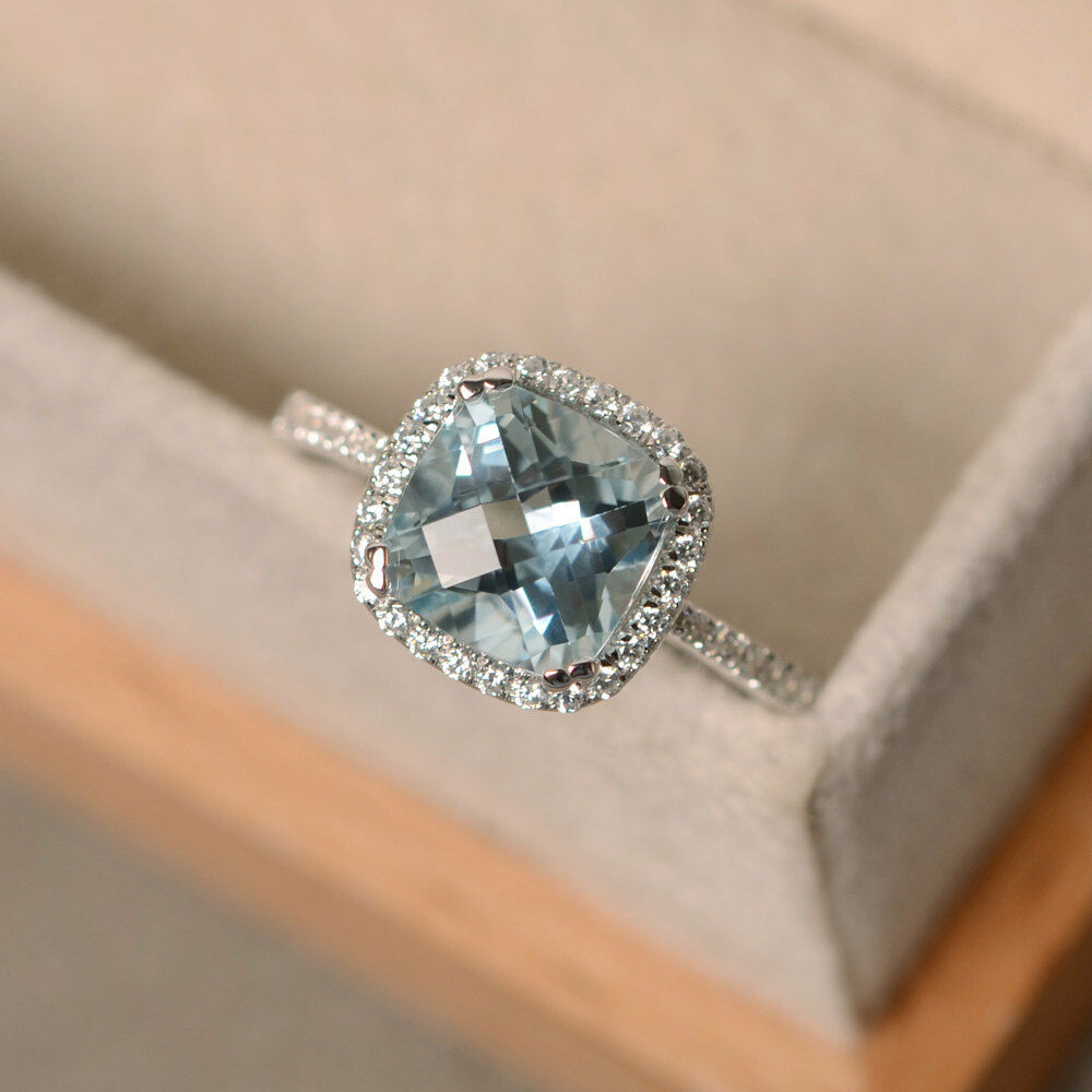 14k Solid White Gold Over Cushion Cut Aquamairne & Diamond Halo Engagement Ring - atjewels.in