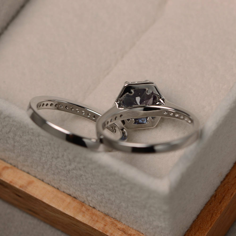 2CT Round Cut Alexandrite 14k Solid White Gold Over Halo Diamond Bridal Ring Set - atjewels.in