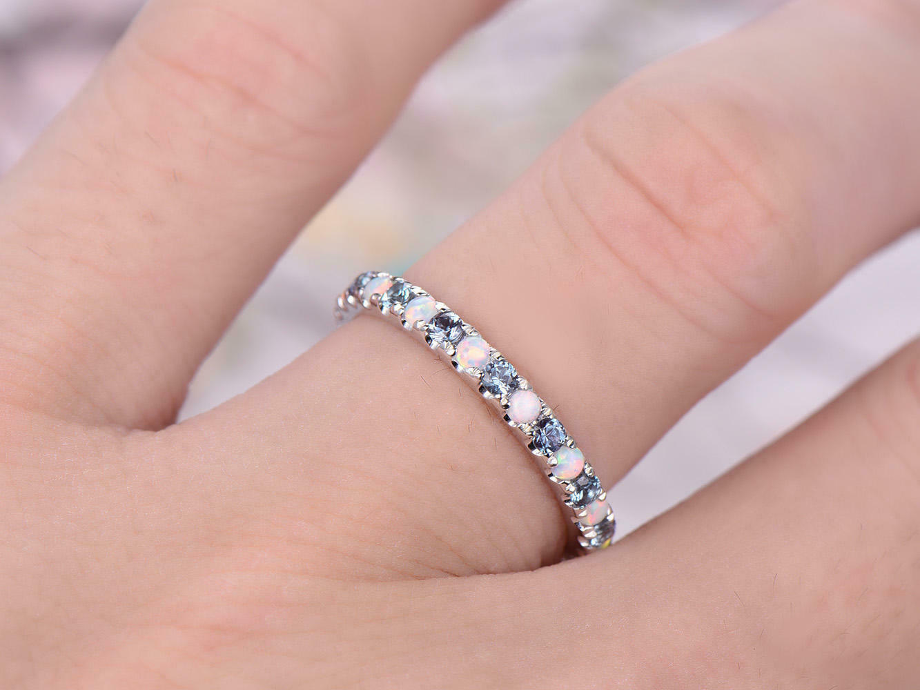 1.5 CT Round Cut Alexandrite Opal 14k White Gold Over Eternity Wedding Band Ring - atjewels.in