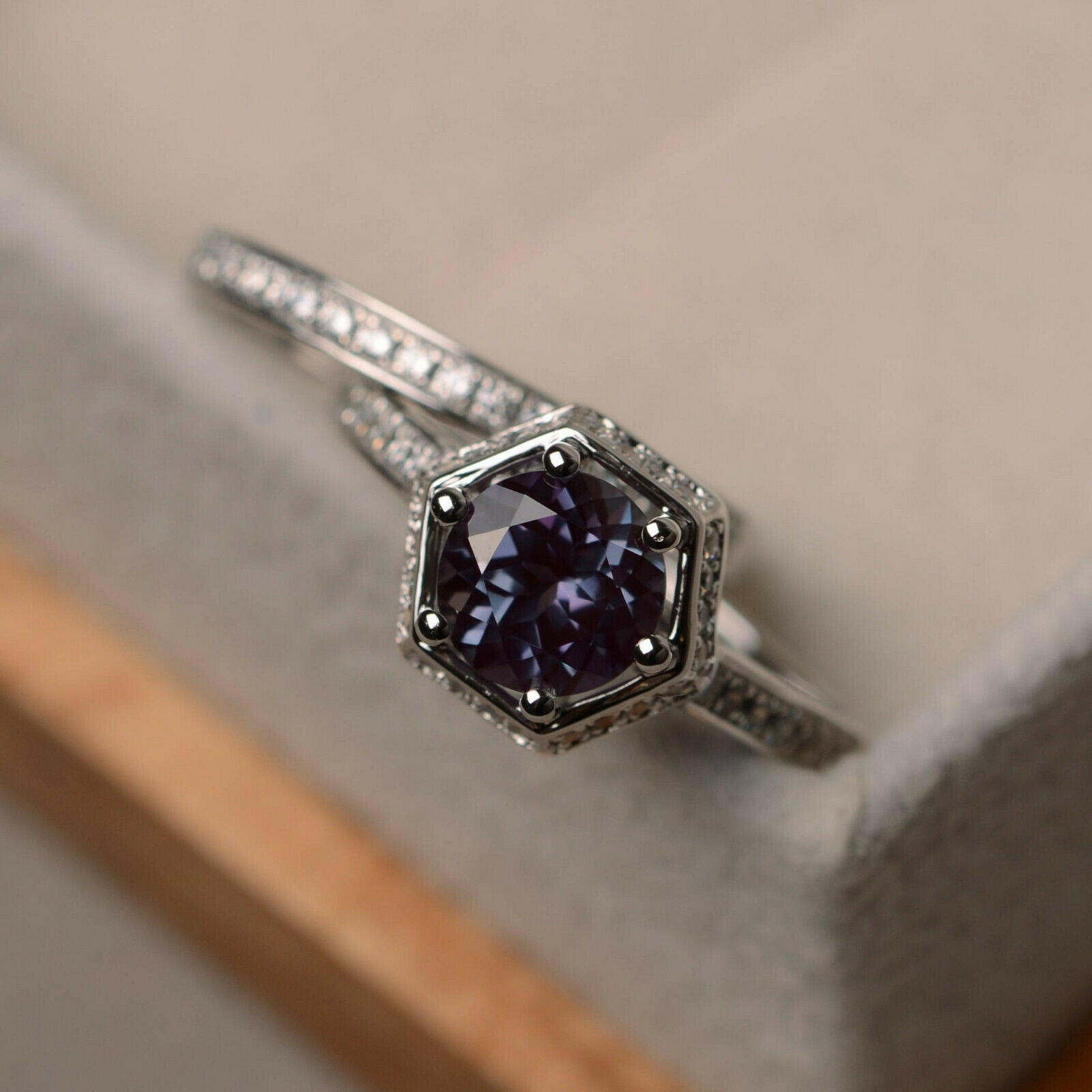 2CT Round Cut Alexandrite 14k Solid White Gold Over Halo Diamond Bridal Ring Set - atjewels.in